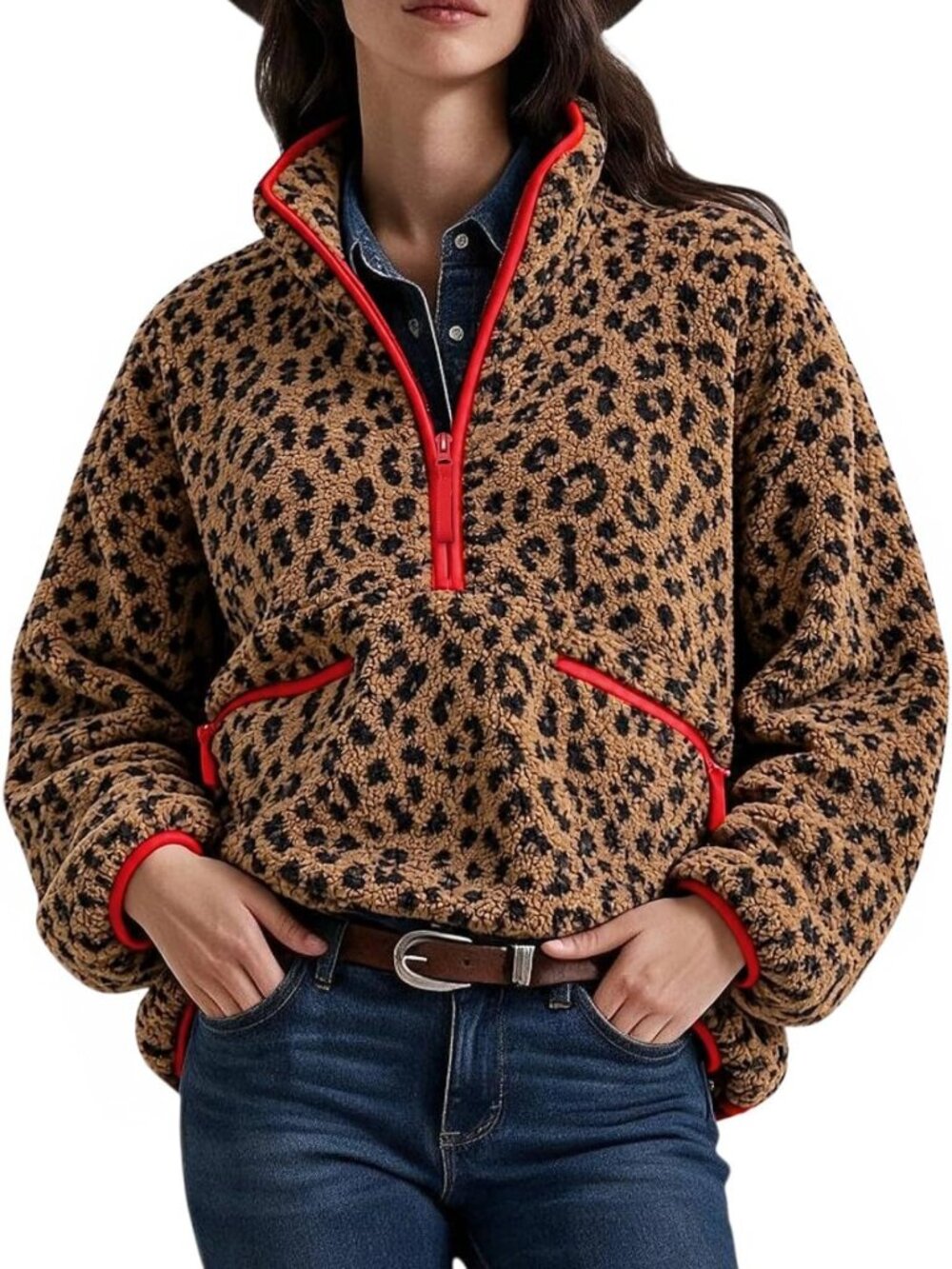 Cozy Leopard Print Fleece Jacket | Quarter Zip Sherpa Pullover with Pockets